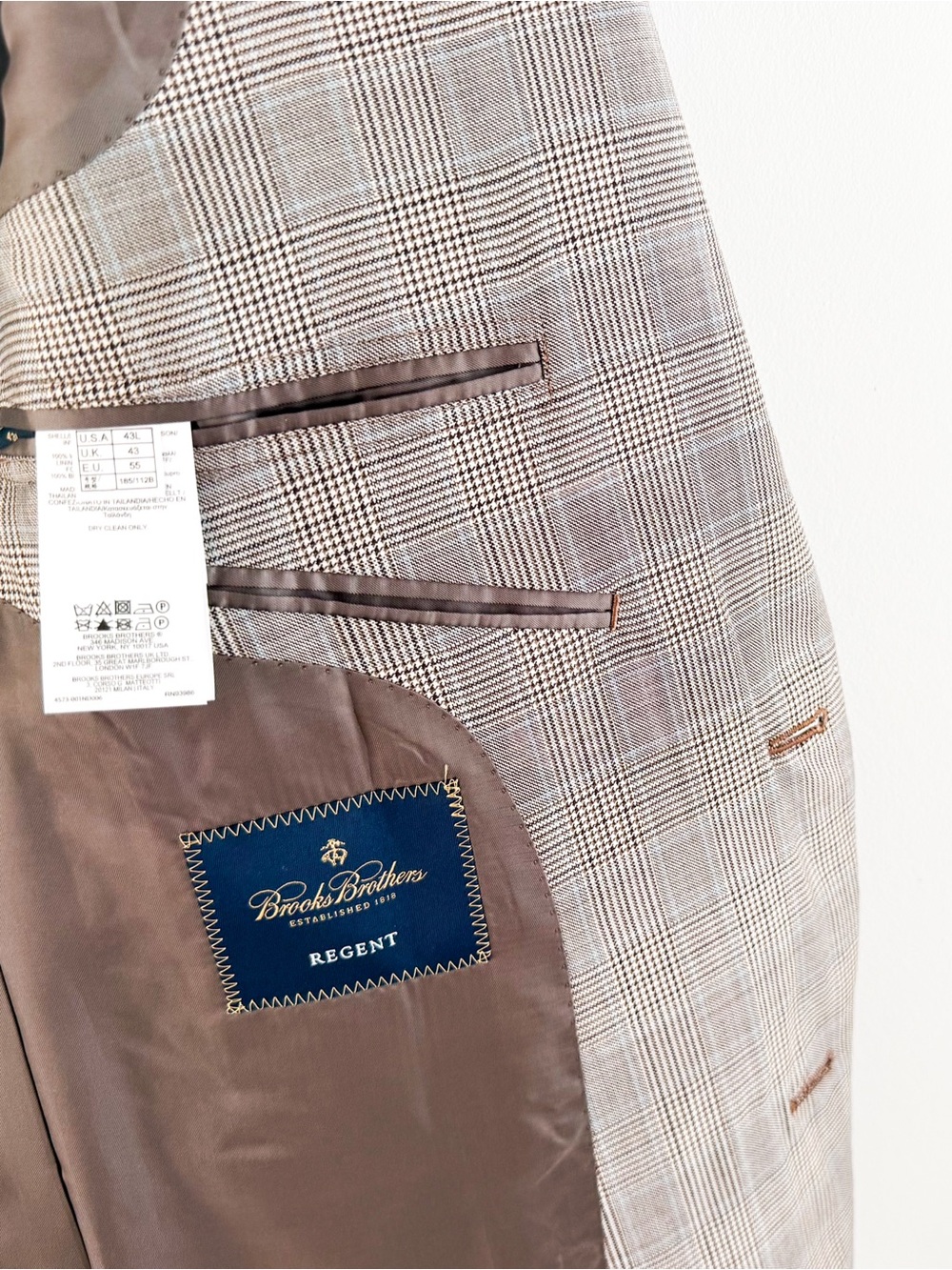 NWT NEW Brooks Brothers Glen Plaid Italian Sport Coat Tan Blue Blazer Men's 43L - Picture 11 of 14
